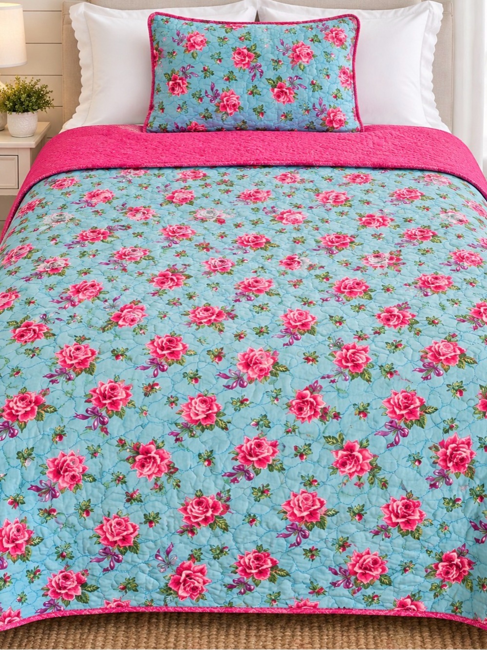 Betsey Johnson Pink Rose Quilt on Blue Ground with Red Accent